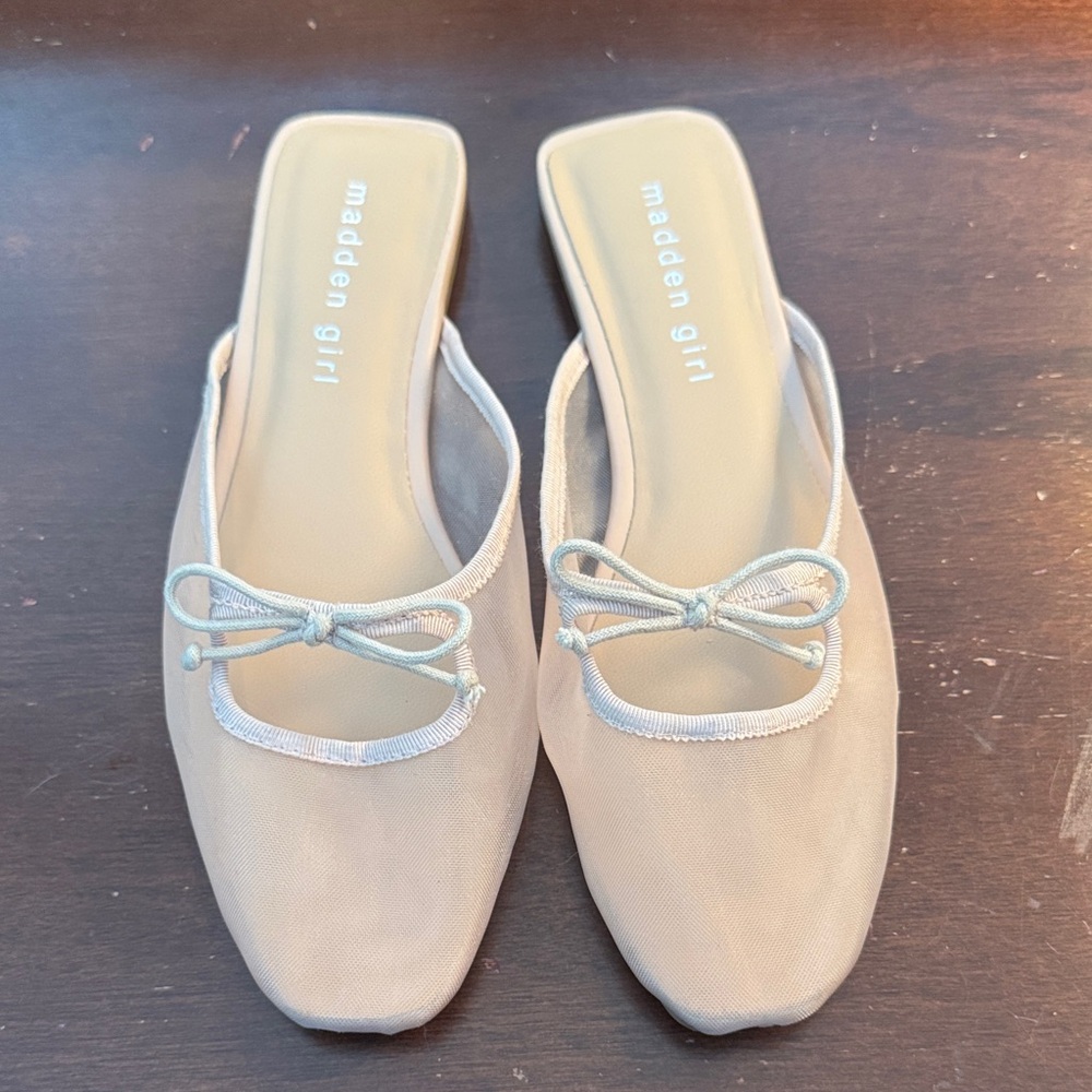 Madden Girl Tan Mesh Mules with Bow